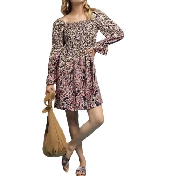 Anthropologie Maeve Boho Paisley Mini Dress Sz Large Smocked Tunic Hippie Chic - Picture 3 of 10